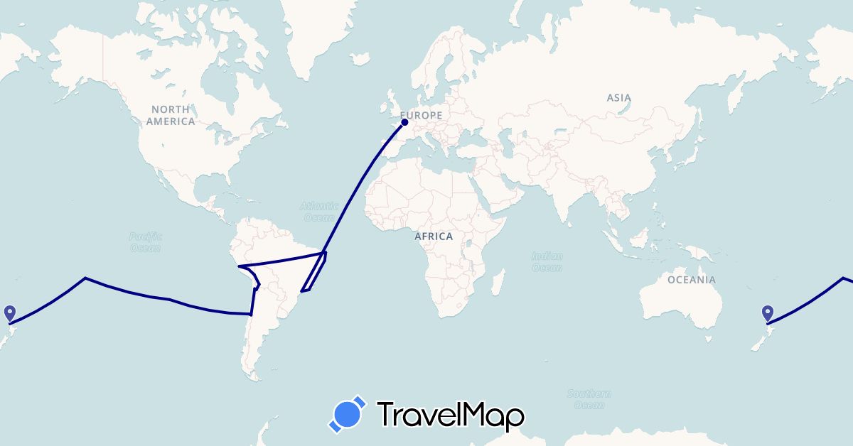 TravelMap itinerary: driving in Bolivia, Brazil, Chile, France, New Zealand, Peru, French Polynesia (Europe, Oceania, South America)